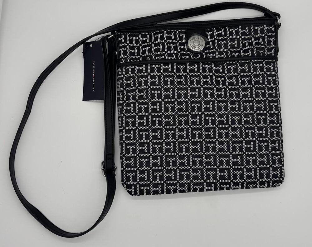 Tommy Hilfiger Women’s Black/White Monogram Logo Crossbody Bag Zip,Adjustable